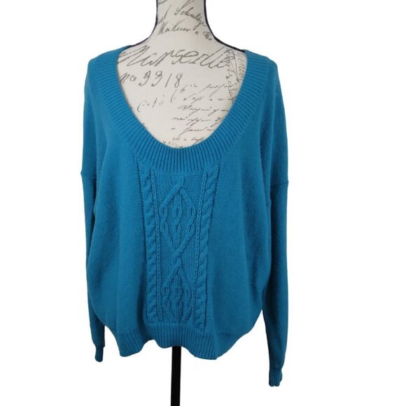 Free People | NWT Oversized Cable Pullover Sweater Teal | Size S - Picture 1 of 16